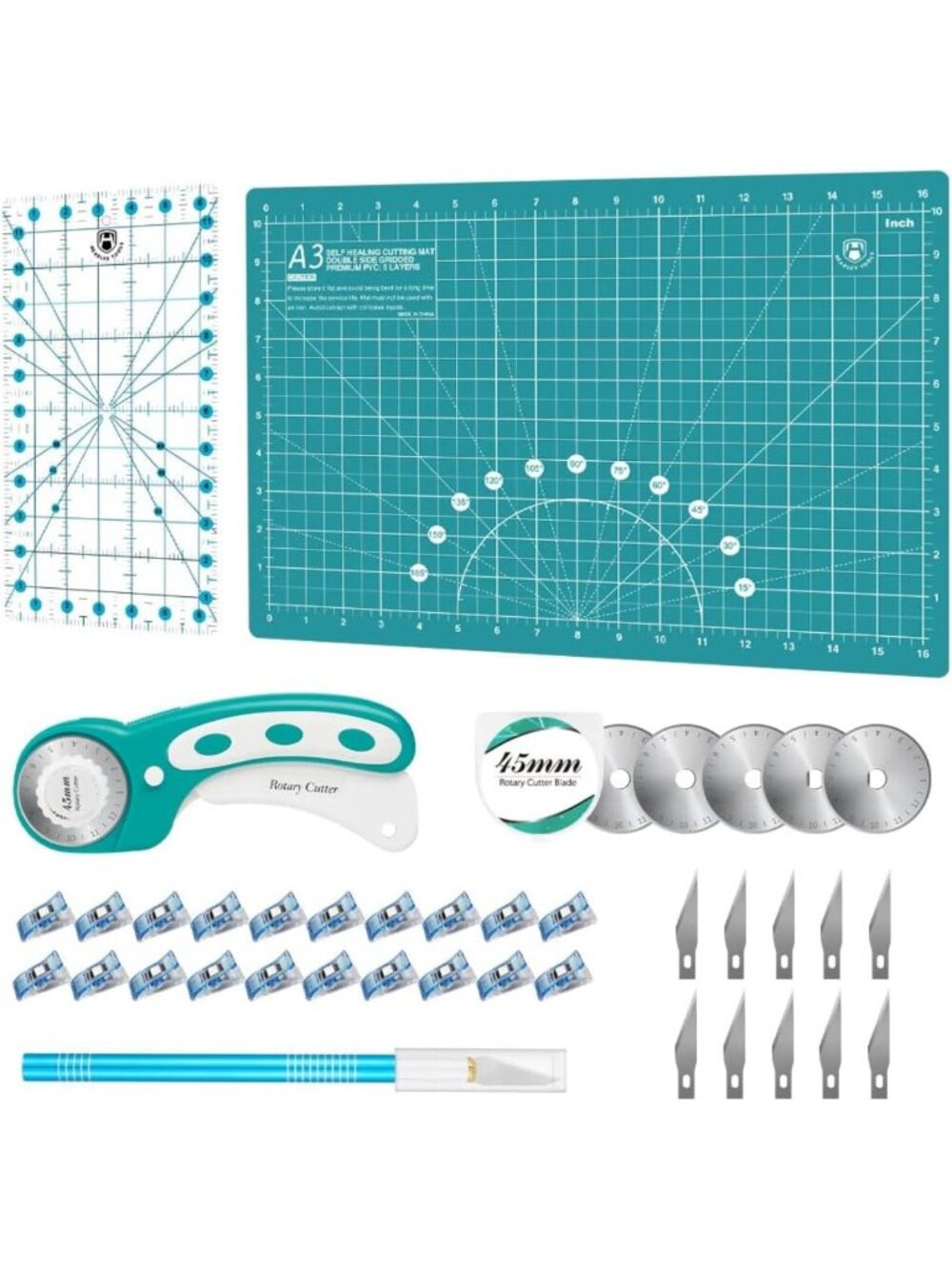 45mm Rotary Cutter Set with Extra Blades, Cutting Mat, Ruler & Clips - Ideal for